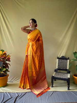 New Fancy Patola Silk With Weaving Gold Zari Border Saree For Women